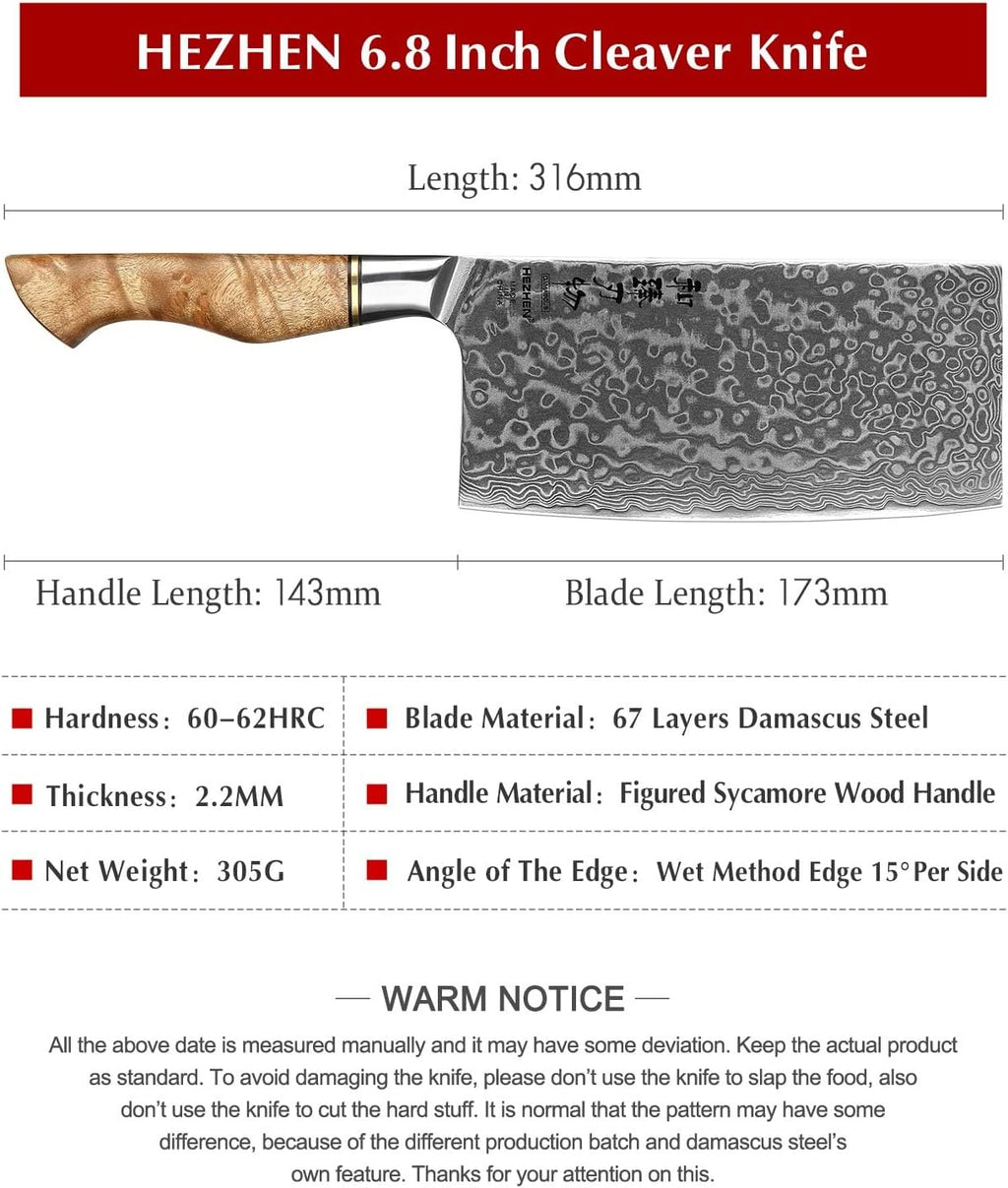 HEZHEN Meat Cleaver & Butcher Knife - 6.8 Inch 67-Layer Damascus Steel Forged Sharp Kitchen & Vegetable Cleaver with Non-Slip Wooden Handle