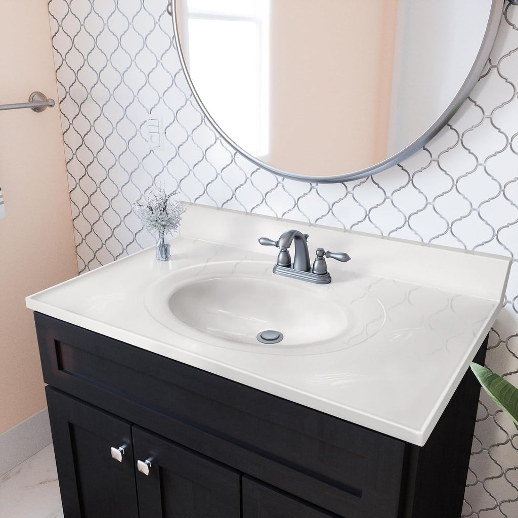 Pemberly Row Cultured Marble Vanity Top, 37' x 22', White on White Ivory Swirl Finish, Integrated Oval Sink with Overflow, Pre-Drilled 4-Inch Centerset, 4-Inch Backsplash, Durable Easy-Clean Bathroom