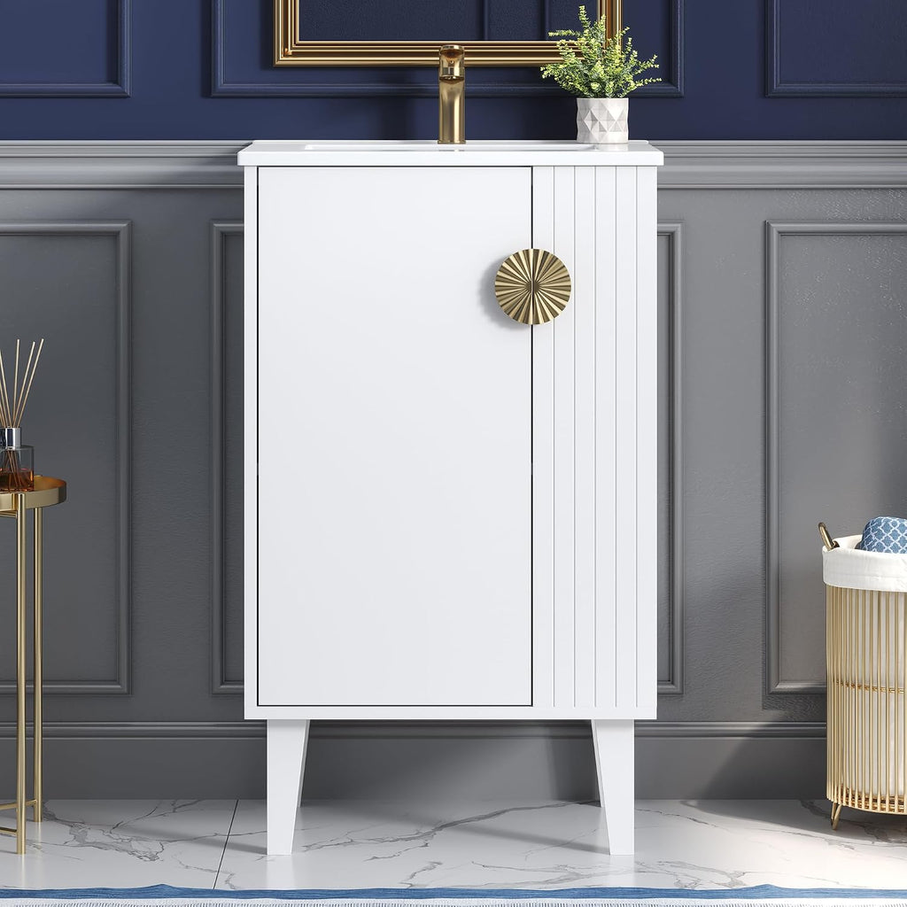 VilroCaz Modern 20'' Bathroom Vanity with Top Ceramic Sink, Freestanding Single Vanity Set Bathroom Storage Cabinet with Soft Closing Door, Chic Half-Moon Pulls (White-10.16)