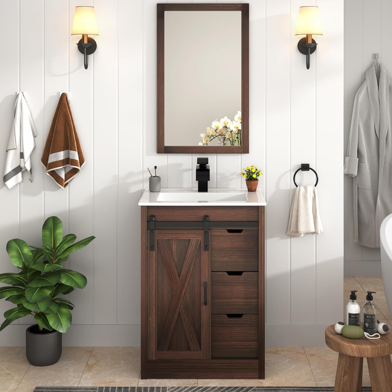 chartustriable 24 Inch Bathroom Vanity with Sink & Faucet & Mirror, Farmhouse Bathroom Vanity Cabinet Set with Sliding Barn Door & Drawers, Small Single Bath Storage Vanity Sink, Brown