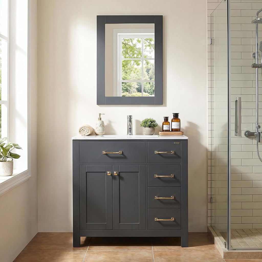 36 inch Bathroom Vanity with Sink Countertop Mirror Faucet Modern Grey | Freestanding bathroom vanity cabinet, ceramic single sink combo