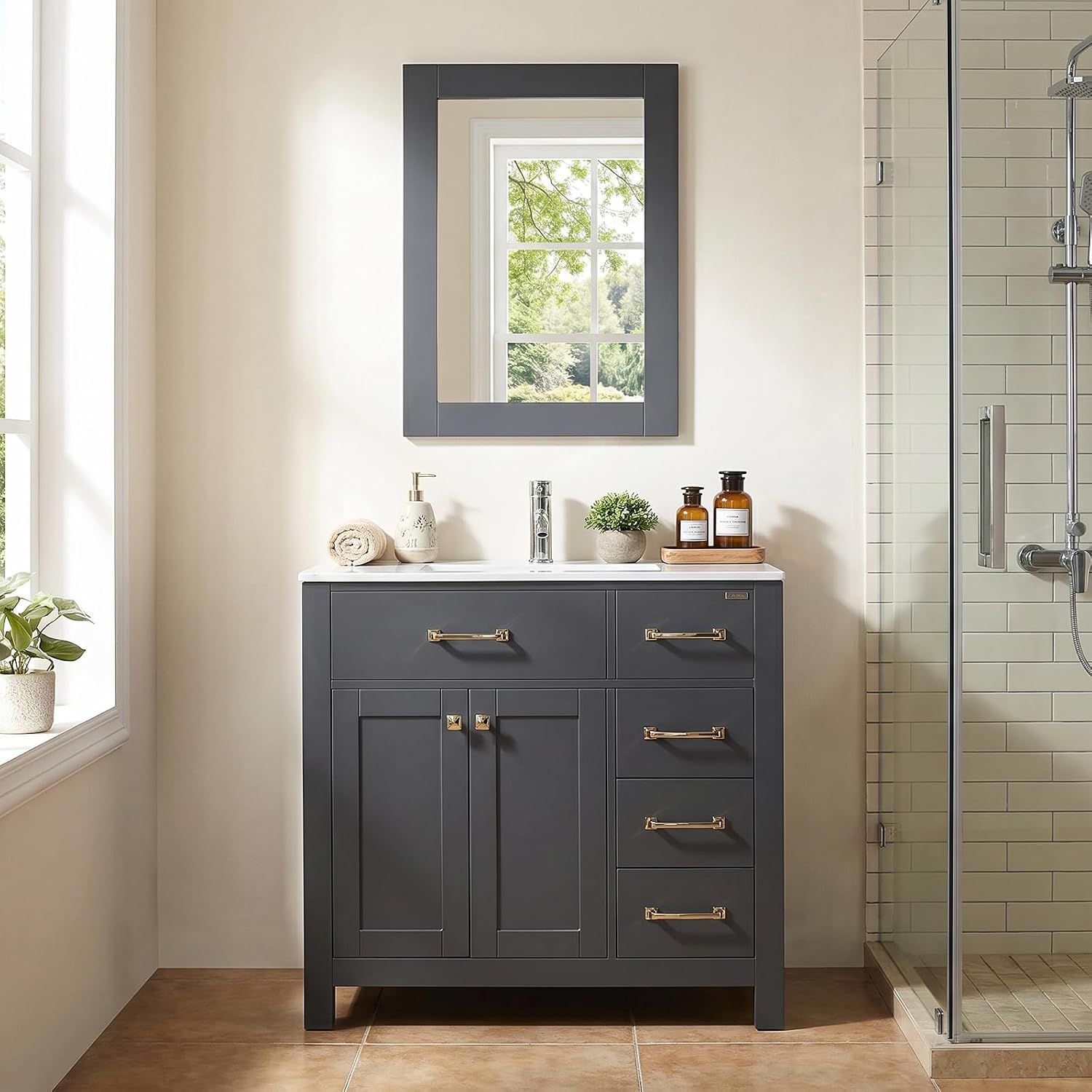 36 inch Bathroom Vanity with Sink Countertop Mirror Faucet Modern Grey | Freestanding bathroom vanity cabinet, ceramic single sink combo