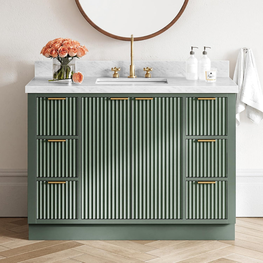 ARIEL Milan 48-inch Bathroom Vanity with Sink,Solid Wood, 1.5-inch Italian Carrara Marble Countertop, Single Rectangular Porcelain Sink, Soft Closing Doors, Dovetail Drawers, Vintage Green