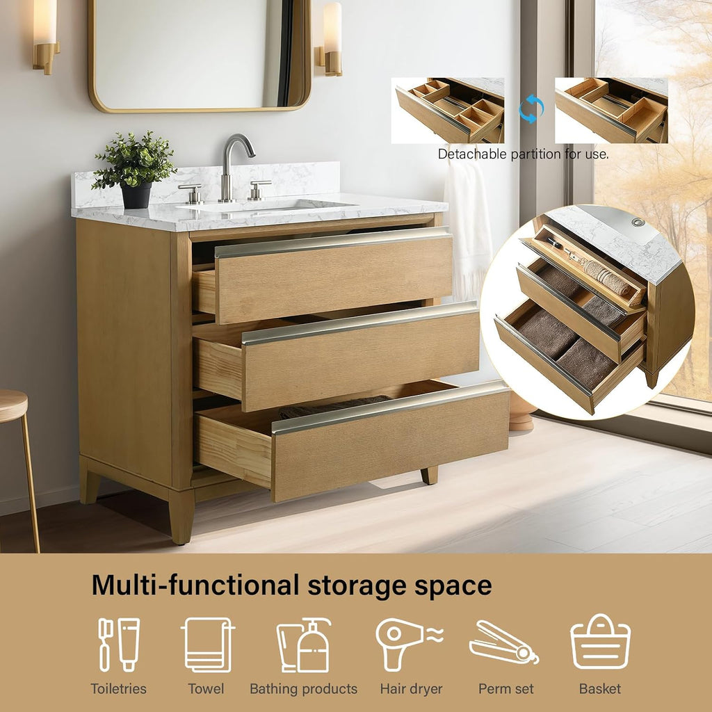 HOMEBEYOND 36 Inch Bathroom Vanity with Sink & Ceramic Top, Vanity Cabinet with Solid Wood Frame, Soft-Closing Doors, Drawers, Natural Oak