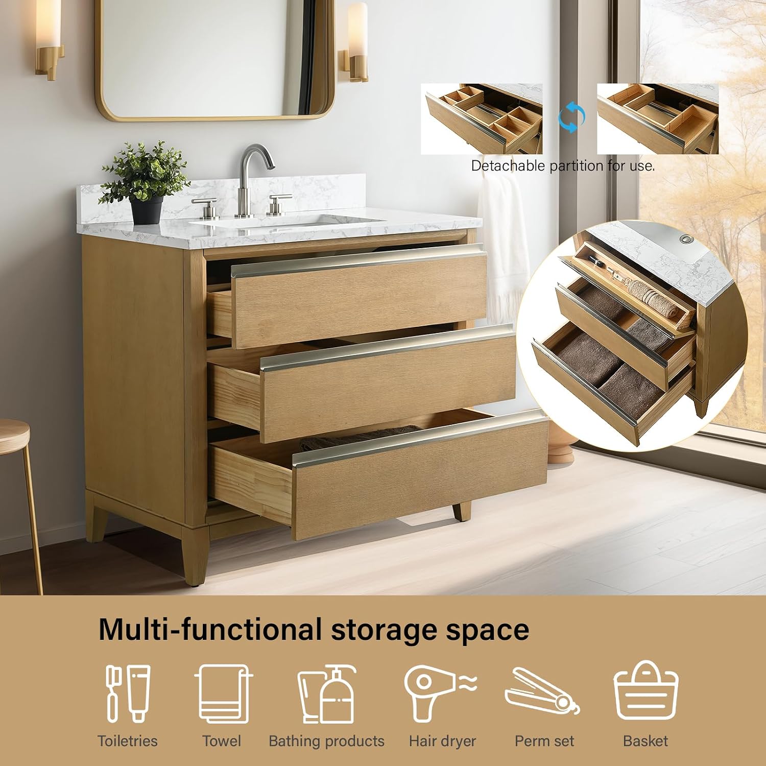 HOMEBEYOND 36 Inch Bathroom Vanity with Sink & Ceramic Top, Vanity Cabinet with Solid Wood Frame, Soft-Closing Doors, Drawers, Natural Oak