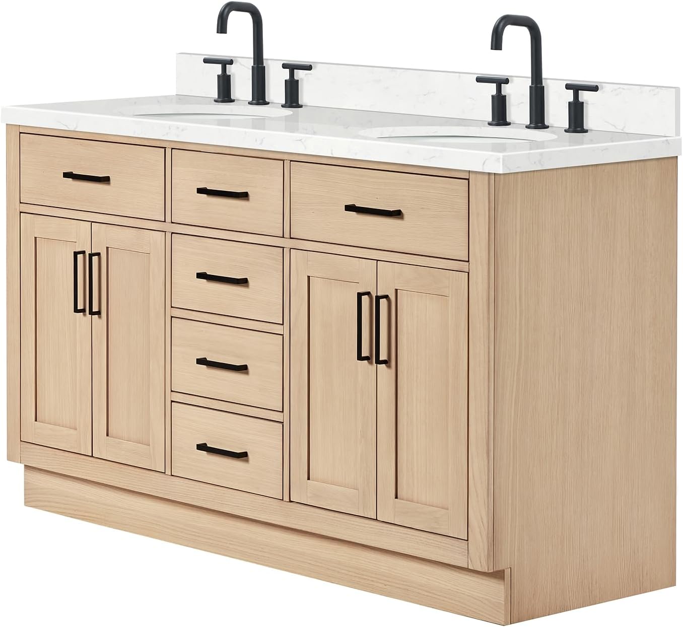 ARIEL Hepburn 60-inch Bathroom Vanity with Sink,Solid Wood, 1.5-inch Carrara White Quartz Countertop & Backsplash, Double Oval Porcelain Sink, 4 Soft Closing Doors, 6 Dovetail Drawers, White Oak