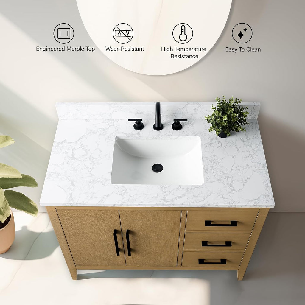 Vanity Art 42 inch Bathroom Vanity with Single Sink & Ceramic Top, Vanity Cabinet with Soft-Closing Doors, Drawers, Solid Wood Frame, Natural Oak, Brushed Nickle Handware