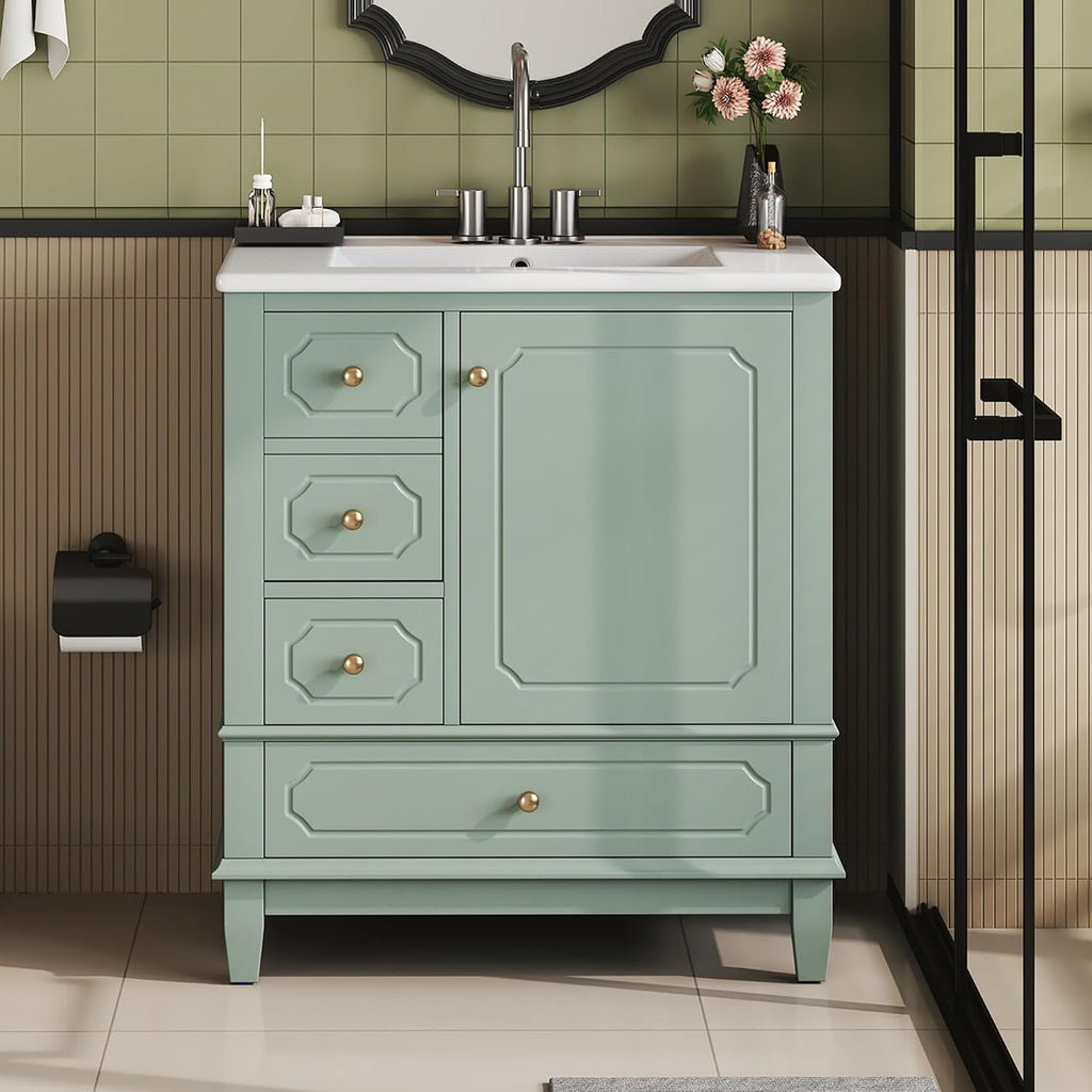 Bathroom Vanity with Ceramic Sink 30 inch, Multi-Functional Storage Cabinet with Drawers and Door Shelf, Solid Wood Frame, Soft-Closing Door, Light Green