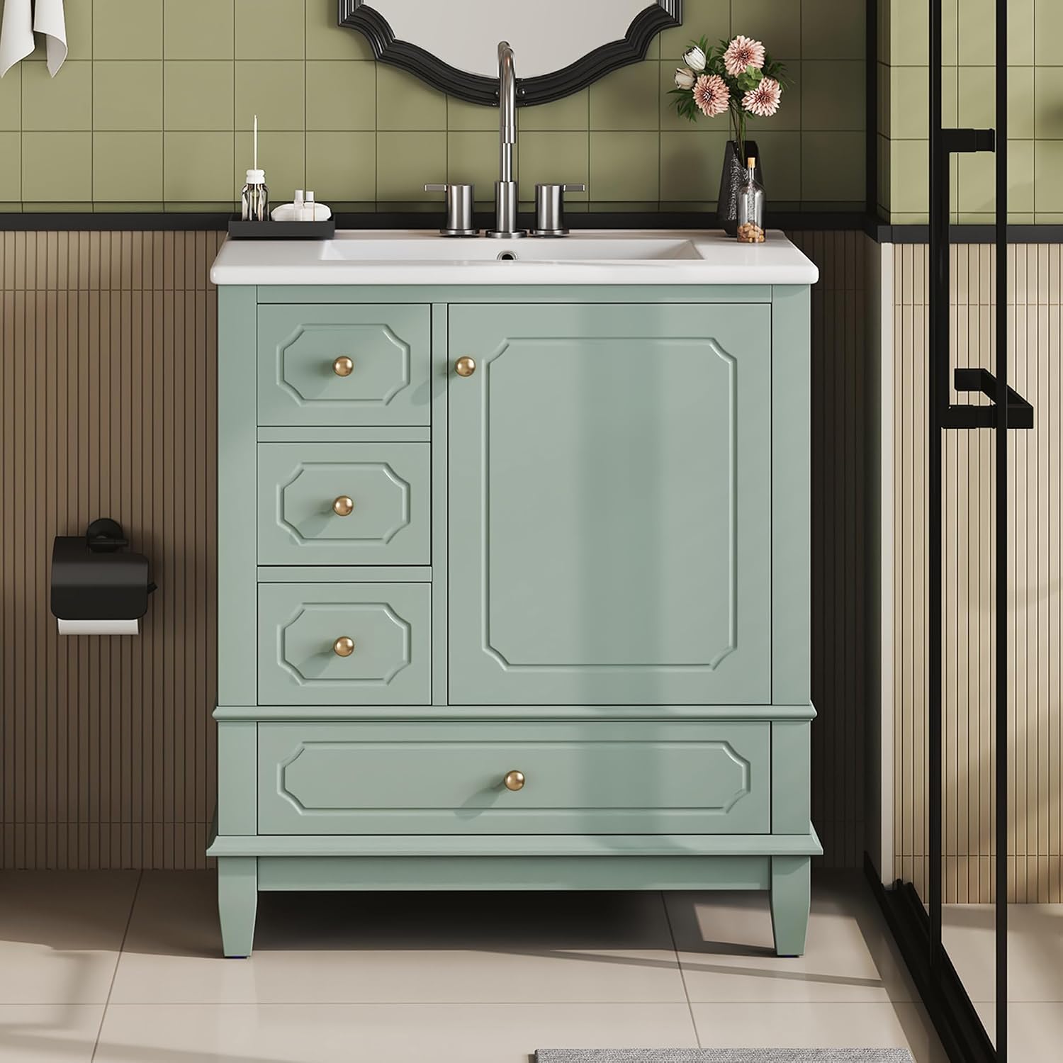 Bathroom Vanity with Ceramic Sink 30 inch, Multi-Functional Storage Cabinet with Drawers and Door Shelf, Solid Wood Frame, Soft-Closing Door, Light Green