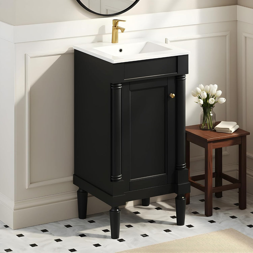 Merax 18' Bathroom Vanity with Sink, Powder Room Small Bathroom Vanity with Single Door Cabinet, Ceramic Sink, Adjustable Shelf, Solid Wood Frame Bathroom Storage Cabinet
