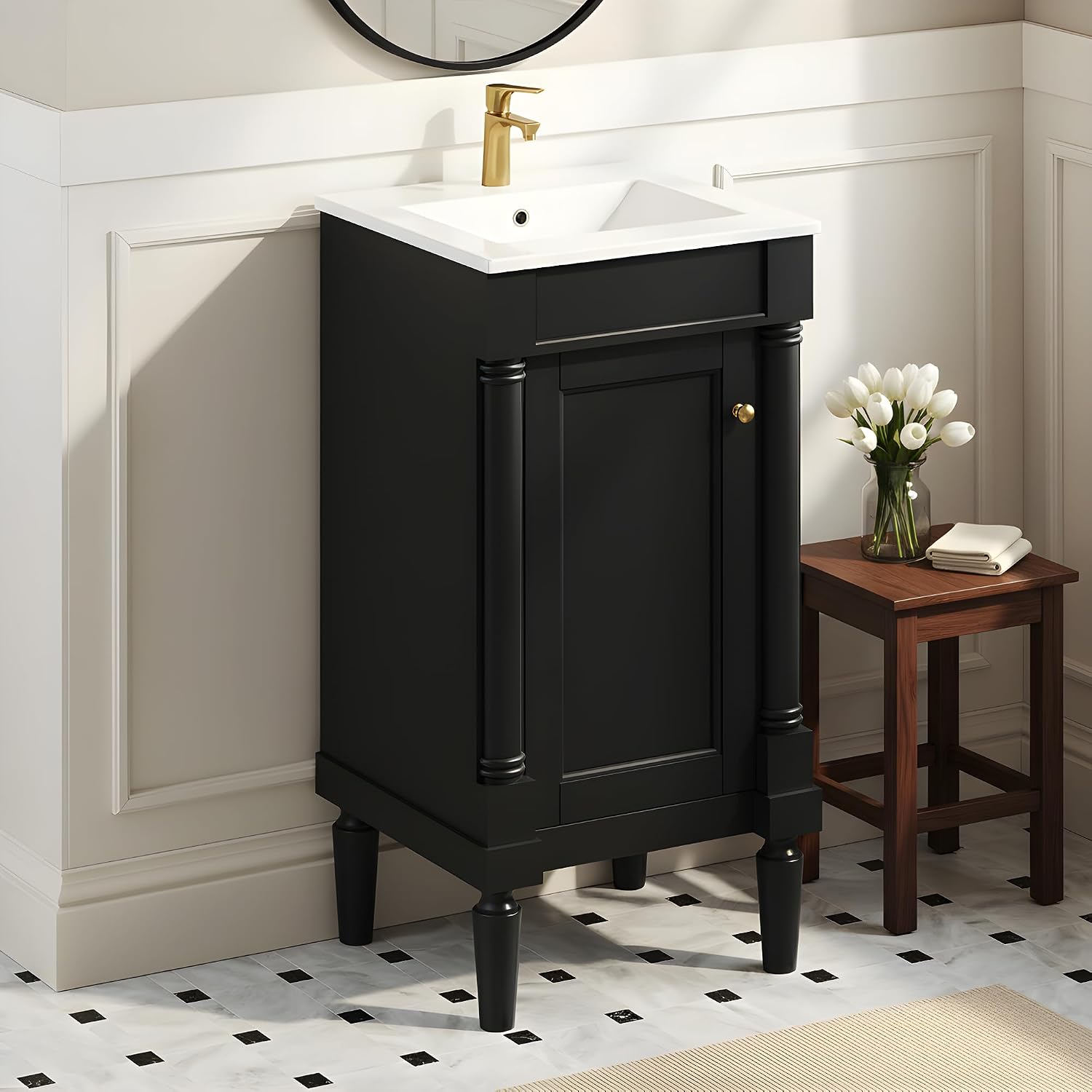 Merax 18' Bathroom Vanity with Sink, Powder Room Small Bathroom Vanity with Single Door Cabinet, Ceramic Sink, Adjustable Shelf, Solid Wood Frame Bathroom Storage Cabinet
