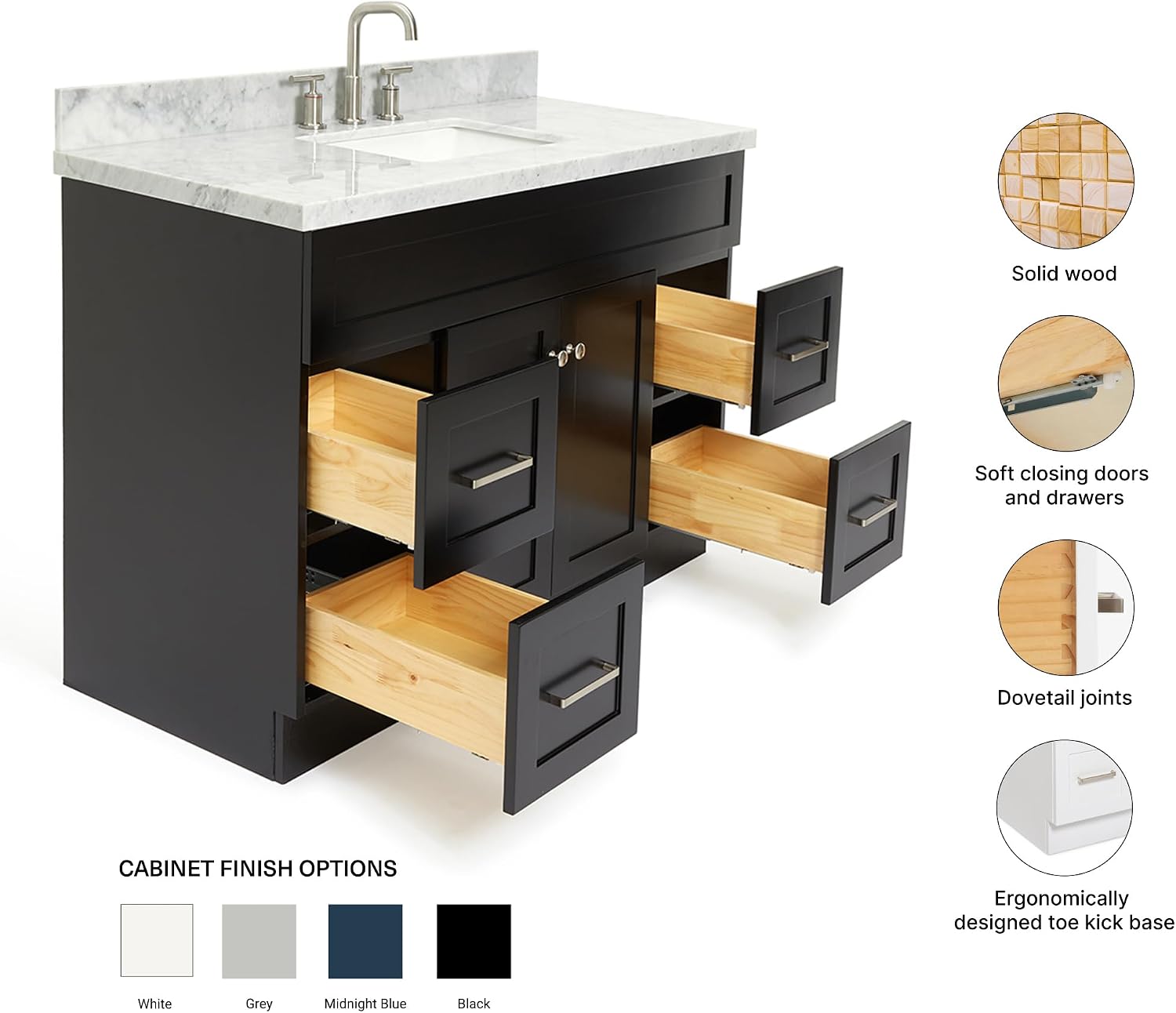 ARIEL Hamlet 48-inch Bathroom Vanity with Sink,Solid Wood, 1.5-inch Italian Carrara Marble Countertop, Single Rectangular Porcelain Sink, 2 Soft Closing Doors, 4 Dovetail Drawers, Black