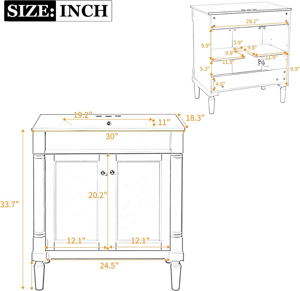 Merax 30' Bathroom Vanity with Sink, Powder Room Small Bathroom Vanity with 2-Door Cabinet, Ceramic Sink, Solid Wood Frame Bathroom Storage Cabinet