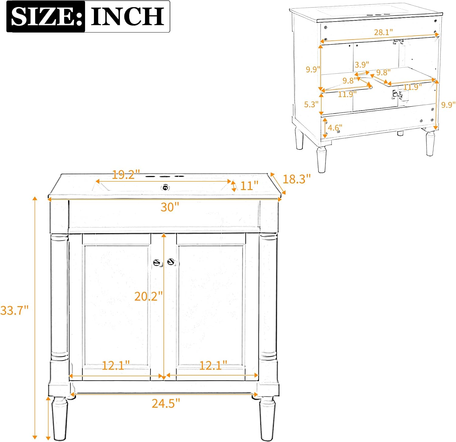 Merax 30' Bathroom Vanity with Sink, Powder Room Small Bathroom Vanity with 2-Door Cabinet, Ceramic Sink, Solid Wood Frame Bathroom Storage Cabinet
