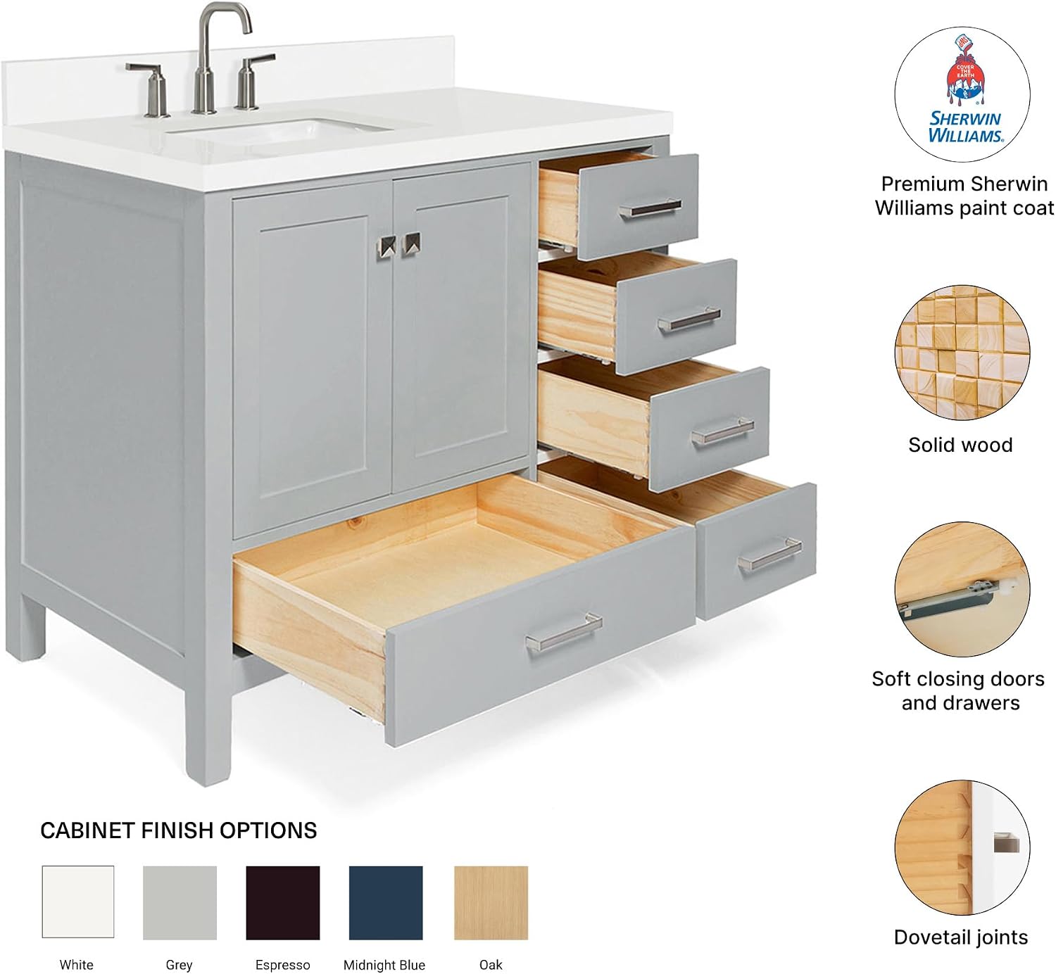 DKB Beckford 42-Inch Grey Bathroom Vanity with Sink, 1.5-Inch Pure White Quartz Countertop & Backsplash, Left Rectangular Undermount Sink, 2 Soft Closing Doors, 5 Dovetail Drawers, Brushed Nickel