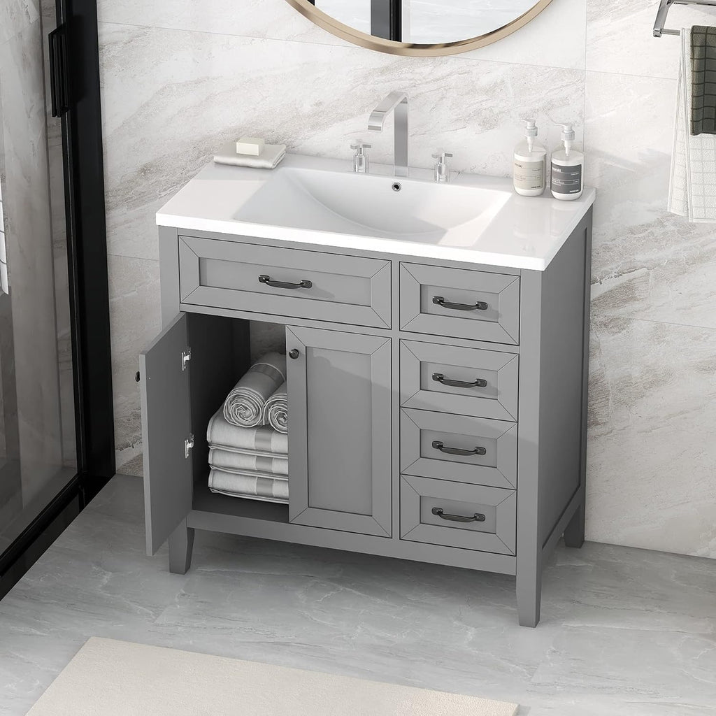 36 Inch Bathroom Vanity Without Sink, Base Only, Storage Cabinet with Doors and Drawers, Grey