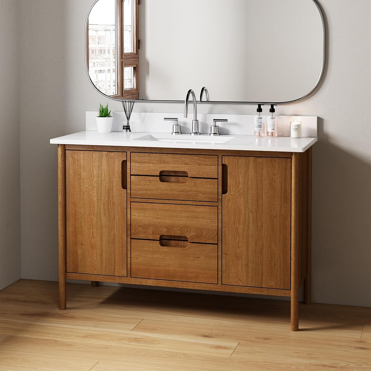 48 in. W x 18.5 in. D Bathroom Engineered Stone Vanity Top with Undermount Rectangular Ceramic Sink, 3 Pre-Drilled Faucet Holes & 4'' Backsplash, White (Faucet Not Included)