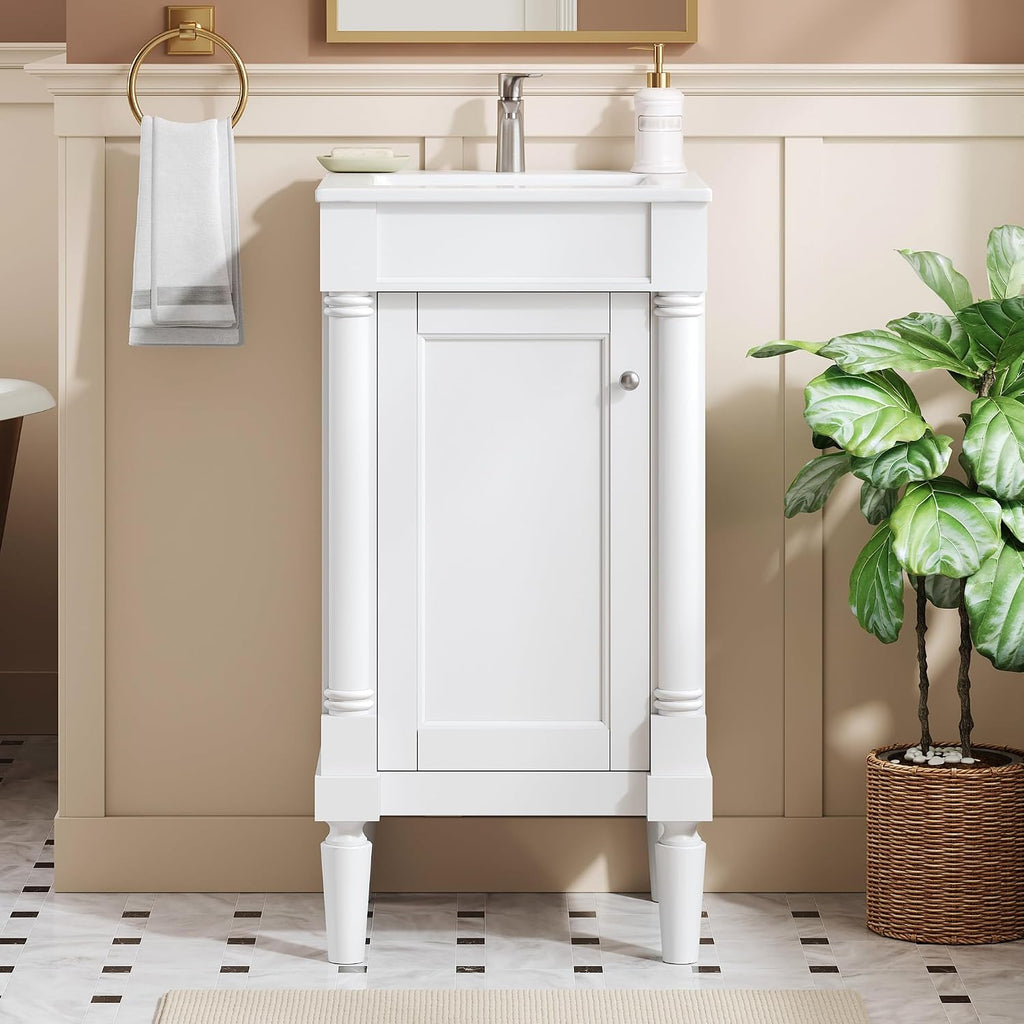 VilroCaz Modern 18'' Bathroom Vanity with Top Sink, Freestanding Bathroom Storage Cabinet with Door and Adjustable Shelf, Single Sink Cabinet with Nordic Style Legs (White-Right-Open)