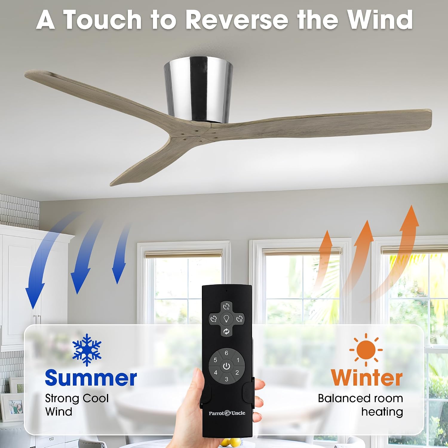 Low Profile Ceiling Fans Without Lights, 54 Inch Flush Mount Ceiling Fan with Remote Control, 3 Wood Blades, Reversible DC Motor Ceiling Fan No Light for Bedroom Living Room, Silver