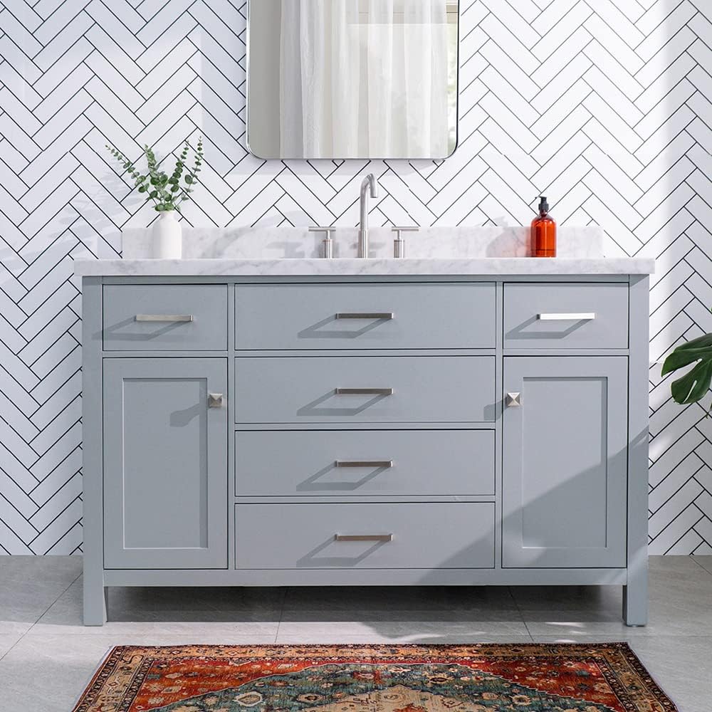ARIEL Bristol 54-inch Bathroom Vanity with Sink,Solid Wood, 1.5-inch Italian Carrara Marble Countertop, Single Rectangular Porcelain Sink, 2 Soft Closing Doors, 5 Dovetail Drawers, Grey
