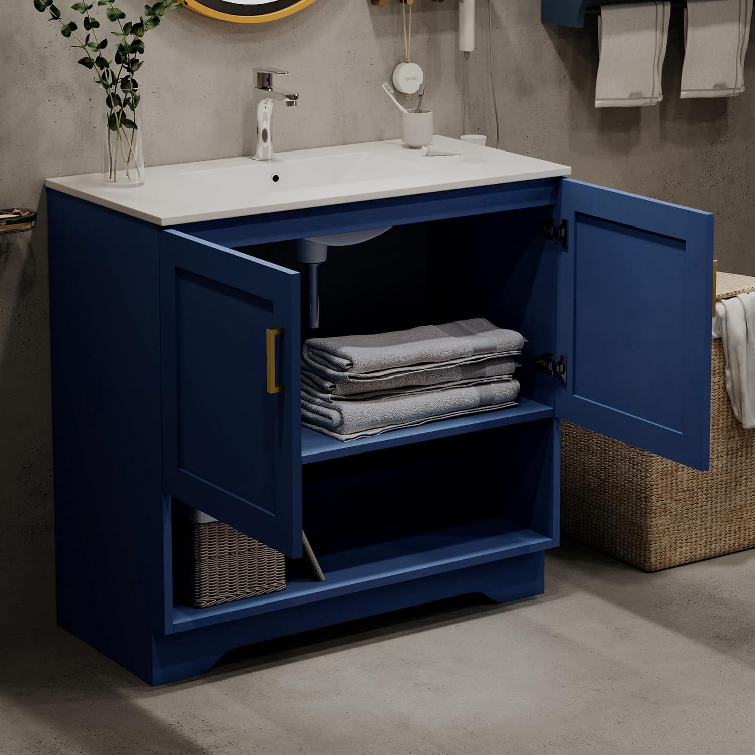 36 Inch Modern Bathroom Vanity with Ceramic Sink - Freestanding Cabinet 2 Soft-Close Doors & 1 Open Shelf, White Space-Saving Design for Powder Rooms (Blue)