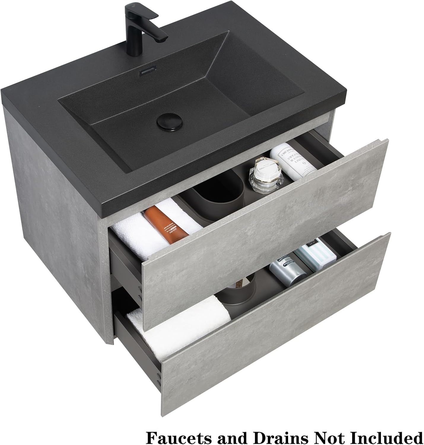 Compact 30' Floating Bathroom Vanity with Quartz Sand Basin Sink Top, Modern Wall-Mounted Bathroom Storage Vanity Cabinet with 2 Soft Close Drawers for Lavatory, Grey