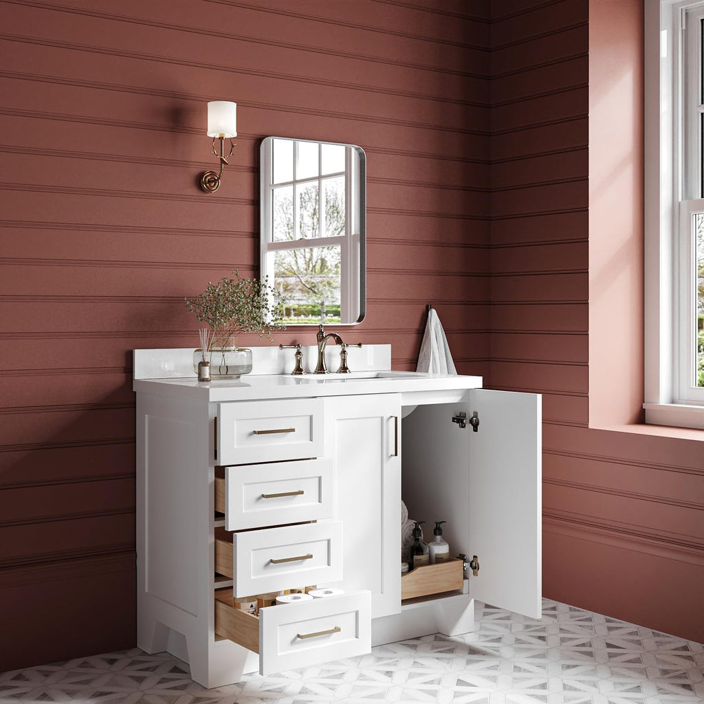 ARIEL Taylor 42-inch Bathroom Vanity with Sink,Solid Wood, 1.5-inch Pure White Quartz Countertop, Single Rectangular Porcelain Sink, Soft Closing Doors, Dovetail Drawers, White