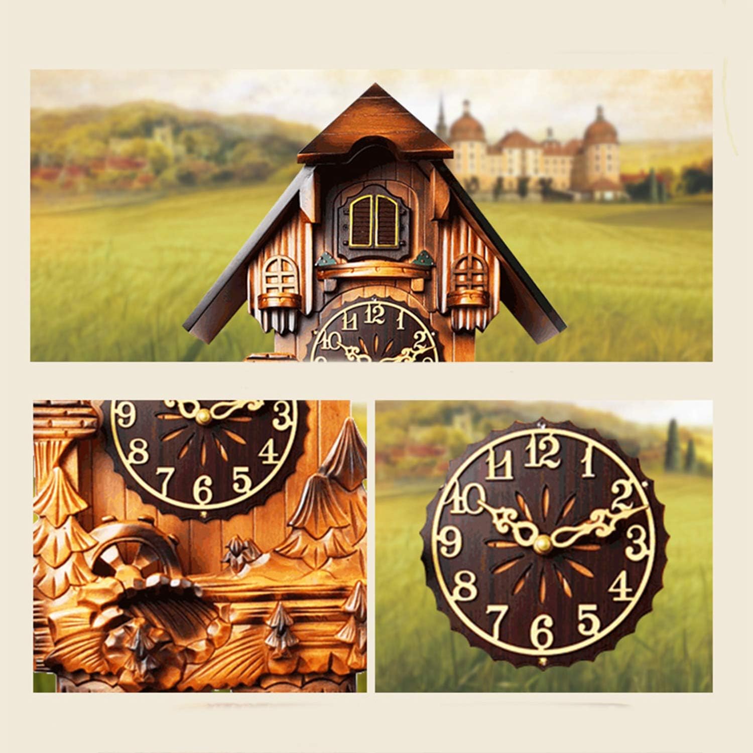 Wall Clock, Cuckoo Clock, Wooden Hand-Carved Wall Clock, Classical Silent Clock with Arabic Numerals