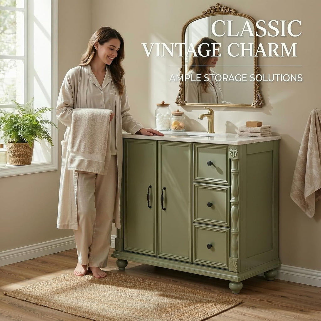 ONBRILL Bathroom Vanity with Sink Combo, Modern Bathroom Vanities with Adjustable Shelf, 4 Solid Legs, 2 Drawers, 2 Doors, Ceramic Integrated Sink, Freestanding Bath Storage Cabinet (36', Green)