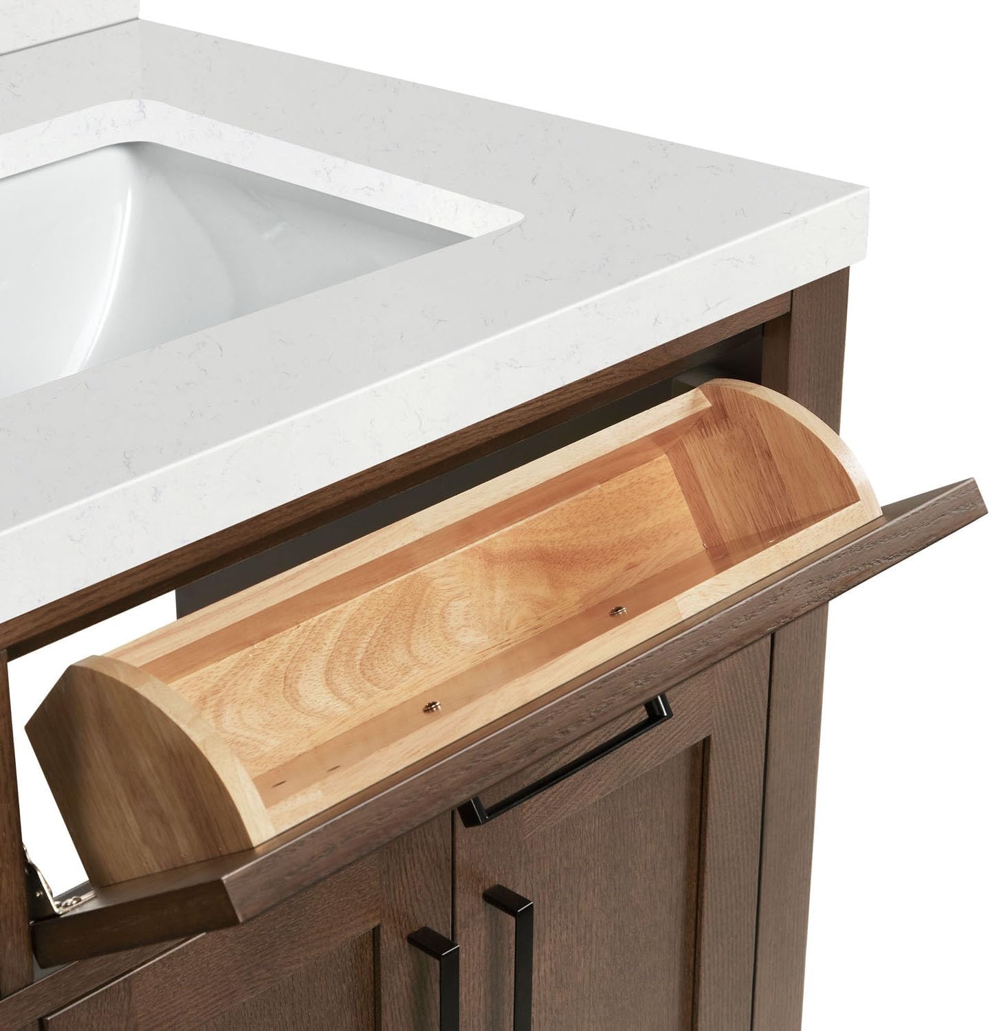 ARIEL Hepburn 36-inch Bathroom Vanity with Sink,Solid Wood, 1.5-inch Carrara White Quartz Countertop, Single Rectangular Porcelain Sink, 2 Soft Closing Doors, 5 Dovetail Drawers, Brown Oak