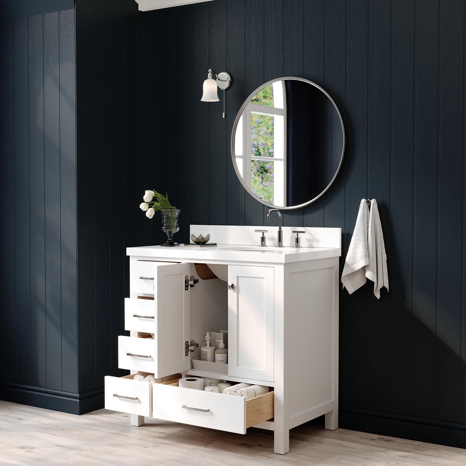 ARIEL Cambridge 36-inch Bathroom Vanity with Sink,Solid Wood, 1.5-inch Pure White Quartz Countertop & Backsplash, Single Oval Porcelain Sink, 2 Soft Closing Doors, 5 Dovetail Drawers, White