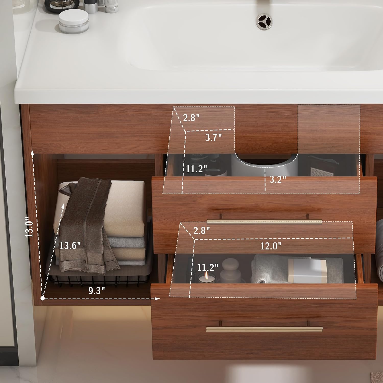 36' Floating Bathroom Vanity with Single Sink, Modern Wall Mounted Bathroom Vanities with Ceramic Basin, Wood Bathroom Vanity Cabinet with 2 Drawers and 2 Open Cabinets, Walnut