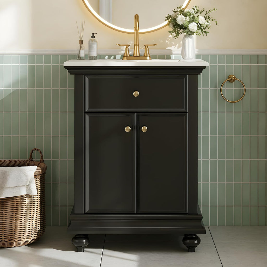 Marzzi 24' Bathroom Vanity with Ceramic Sink, Powder Room Small Bathroom Vanity Cabinet with 2 Soft-Close Doors, Tip-Out Tray, and Adjustable Shelf, Solid Wood Feet, Painted Finish