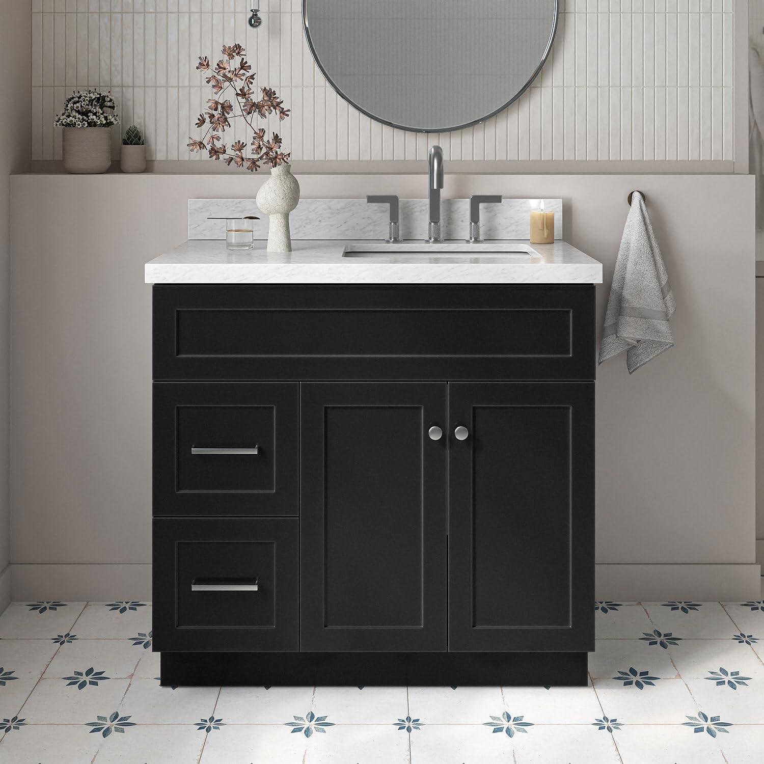 ARIEL Hamlet 36-inch Bathroom Vanity with Sink,Solid Wood, 1.5-inch Italian Carrara Marble Countertop, Single Rectangular Porcelain Sink, 2 Soft Closing Doors, 2 Dovetail Drawers, Black