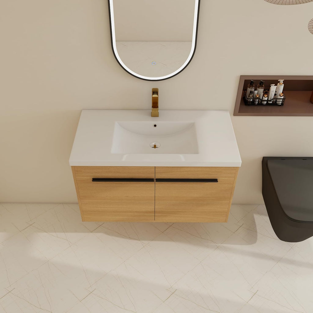 36 Inch Floating Bathroom Vanity with Sink, 36'' Wall Mount Vanity with Resin Countertop, Soft Close Doors, Double Door Storage Cabinet for Small Bathroom, Apartment, Powder Room