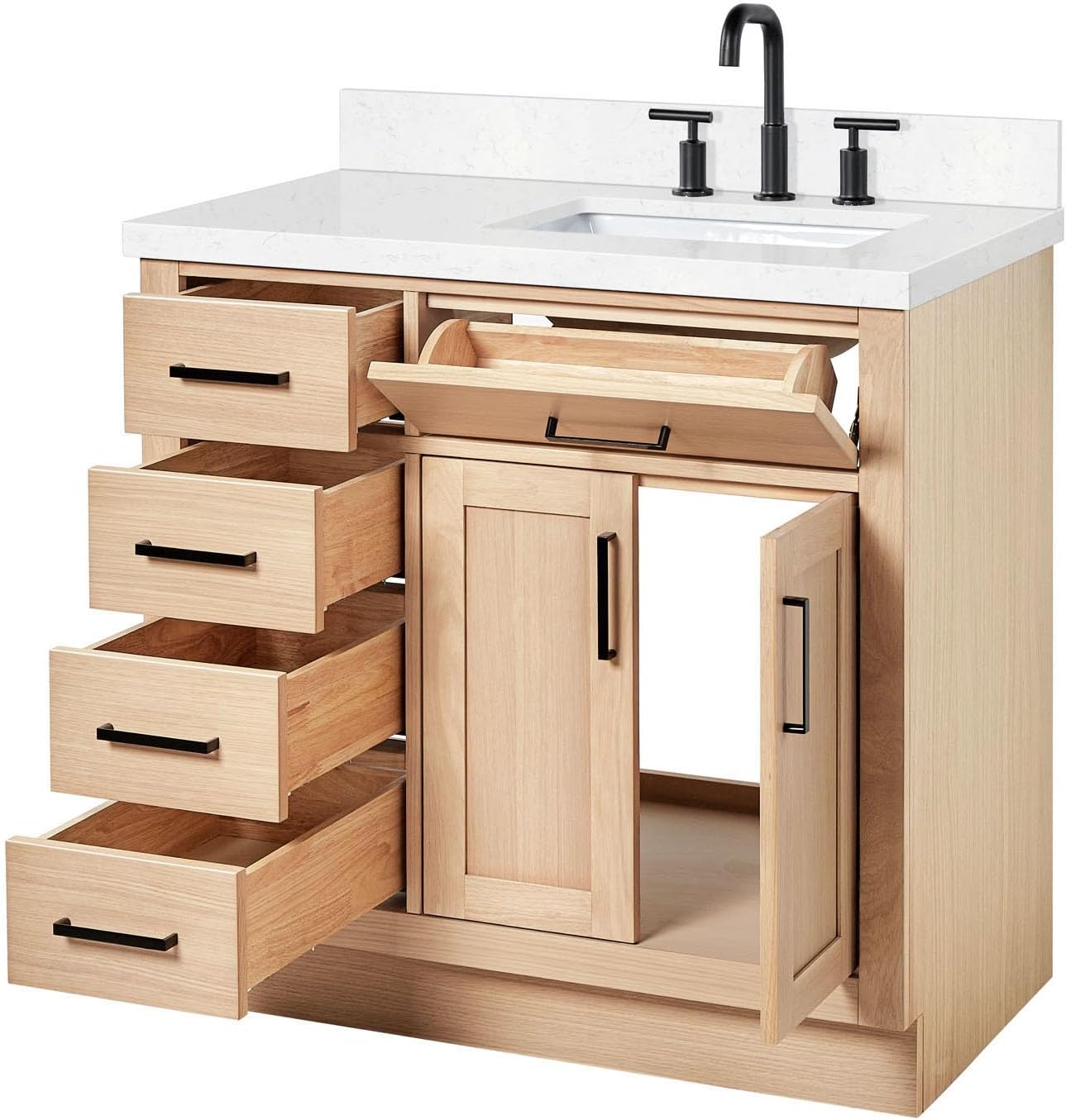 ARIEL Hepburn 36-inch Bathroom Vanity with Sink,Solid Wood, 1.5-inch Carrara White Quartz Countertop, Single Rectangular Porcelain Sink, 2 Soft Closing Doors, 5 Dovetail Drawers, White Oak