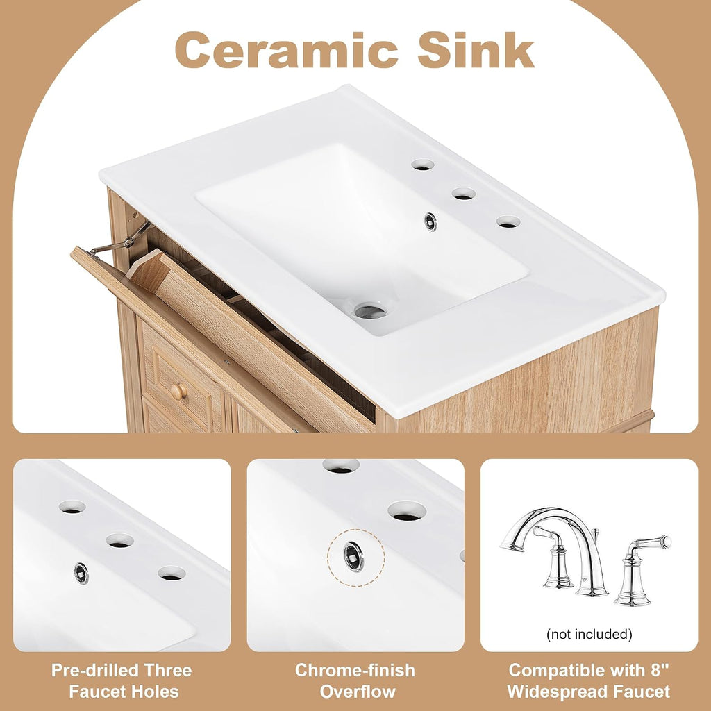 Bathroom Vanity with Sink 30 Inch, Tip-Out Drawer and Door Rack, Adjustable Shelf, Soft-Closing System, Solid Wood Legs, Light Wood