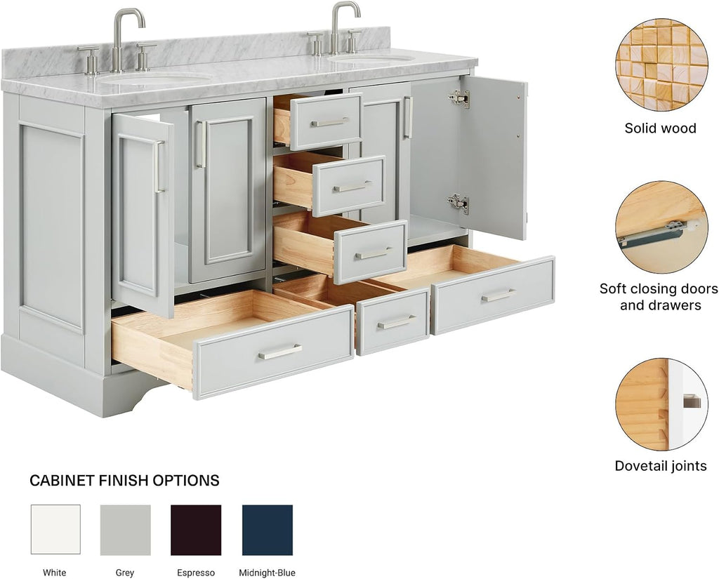 ARIEL Stafford 60-inch Bathroom Vanity with Sink,Solid Wood, 1.5-inch Italian Carrara Marble Countertop & Backsplash, Double Oval Porcelain Sink, 4 Soft Closing Doors, 6 Dovetail Drawers, Grey