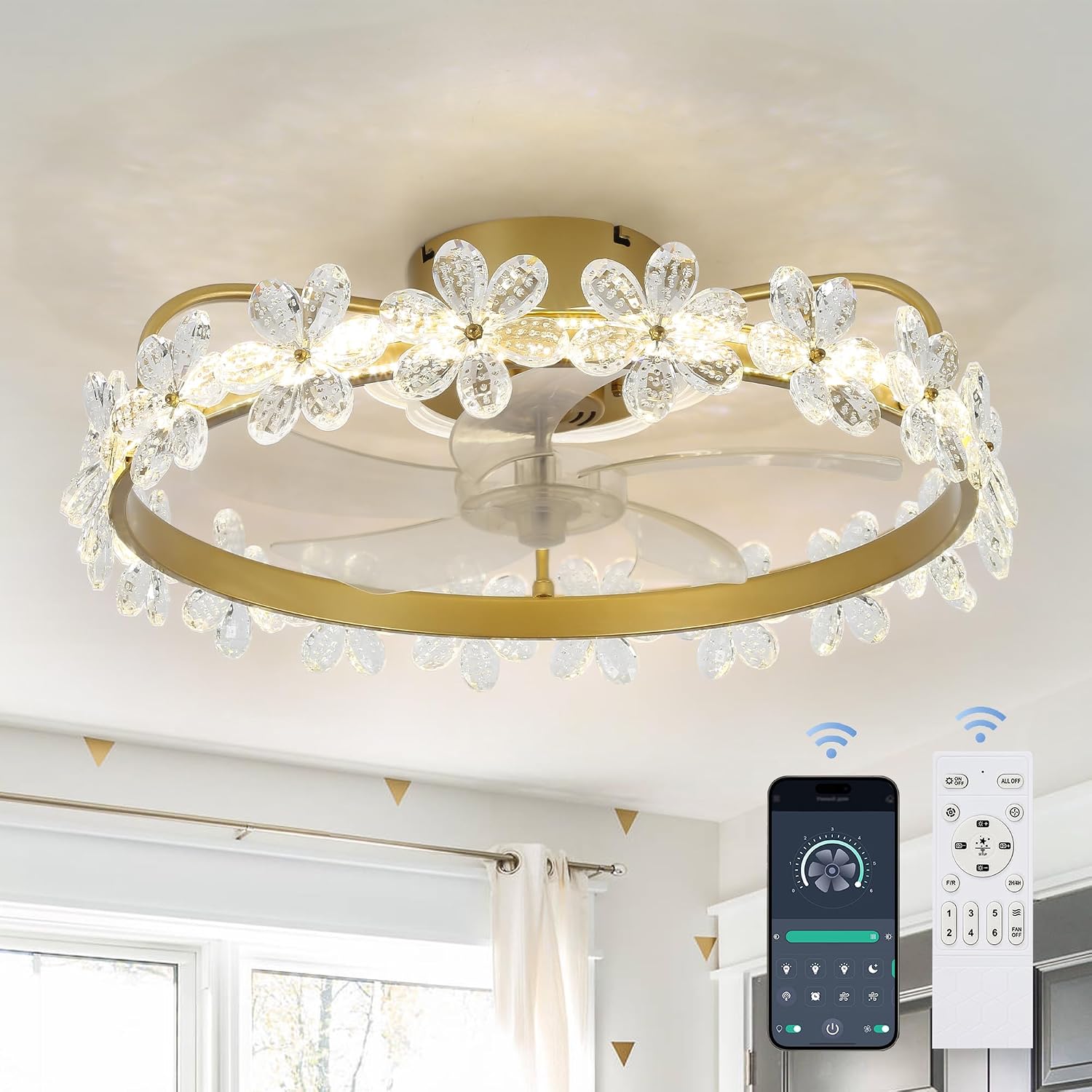 22'' Gold Crystal Ceiling Fan with Lights and Remote Control,Dimmable LED and Reversible Motor,Crystal Flower Fandelier Ceiling Fan with Light for Kids Room/Daughter's Room/Girls Bedroom