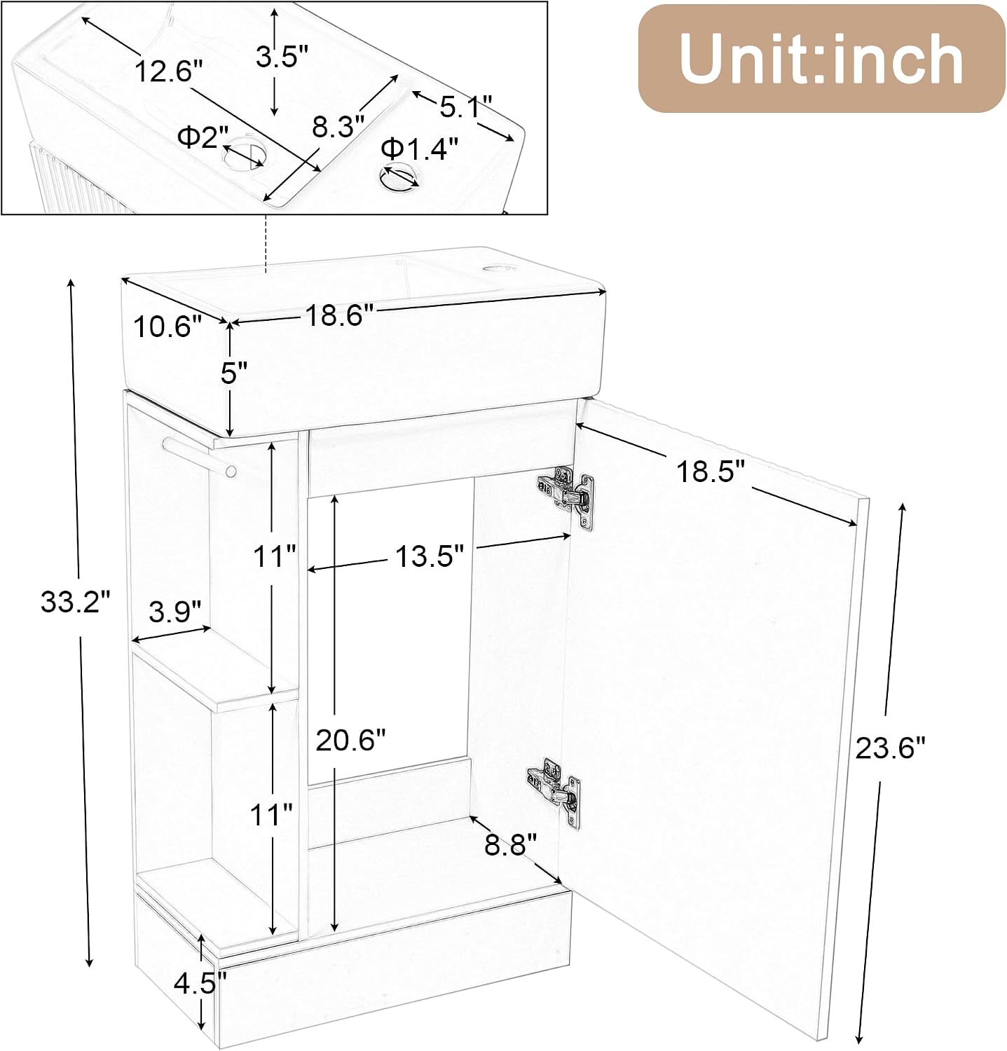 YOPTO 18.6' Bathroom Vanity with Ceramic Sink,Cabinet w/Two-Tier Shelf,Toilet Paper Holder and Shelf,Left or Right Orientation,Practicality & Durability,White