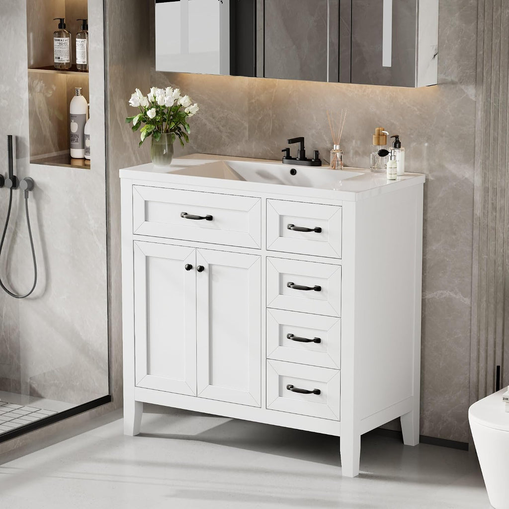 36' Bathroom Vanities Cabinet with Ceramic Sink Top, Two Doors and Three Drawers, Soft-Closing Door, Solid Wood Legs, White