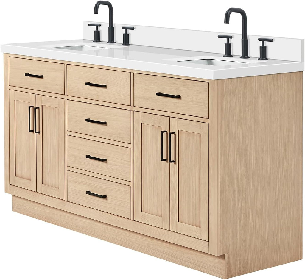 ARIEL Hepburn 66-inch Bathroom Vanity with Sink,Solid Wood, 1.5-inch Pure White Quartz Countertop, Double Rectangular Porcelain Sink, 4 Soft Closing Doors, 6 Dovetail Drawers, White Oak
