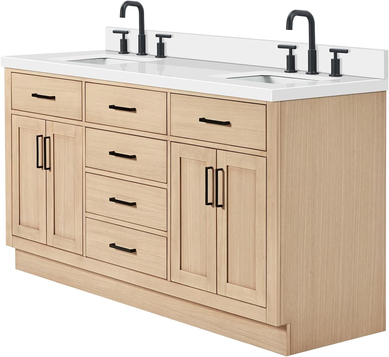 ARIEL Hepburn 66-inch Bathroom Vanity with Sink,Solid Wood, 1.5-inch Pure White Quartz Countertop, Double Rectangular Porcelain Sink, 4 Soft Closing Doors, 6 Dovetail Drawers, White Oak