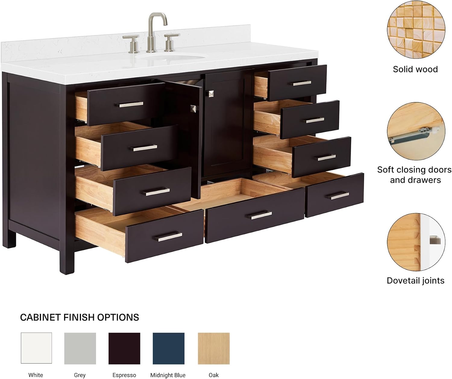 ARIEL Cambridge 66-inch Bathroom Vanity with Sink,Solid Wood, 1.5-inch Carrara White Quartz Countertop & Backsplash, Single Oval Porcelain Sink, 2 Soft Closing Doors, 9 Dovetail Drawers, Espresso