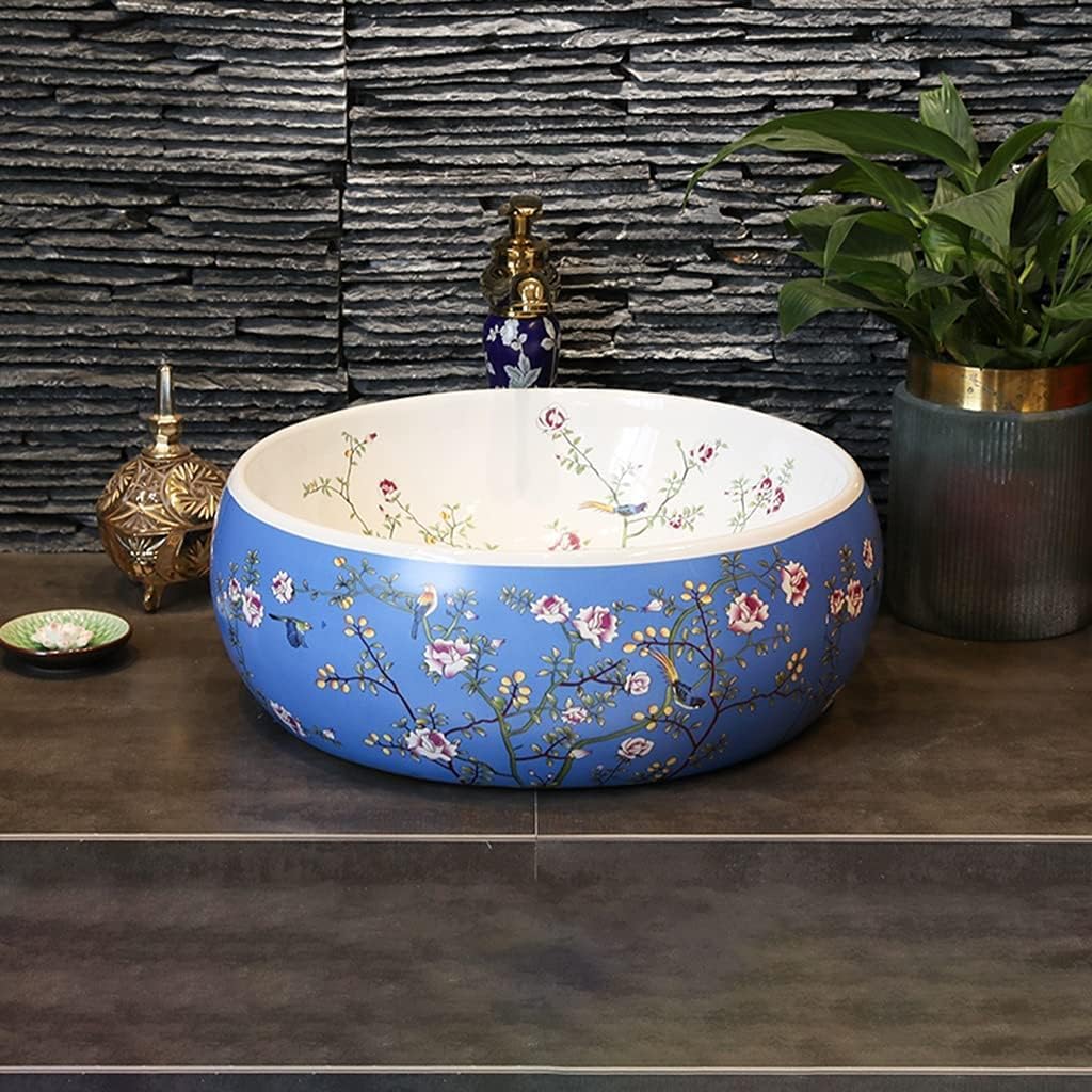 Bathroom Bar Vanity Vessel Sinks Above Counter Vanity Sink Tops Chinese Ceramic Lowes Bathroom Vanities Individual Flower and Bird Art Basin,42 * 15Cm,Blueset,42 * 15cm