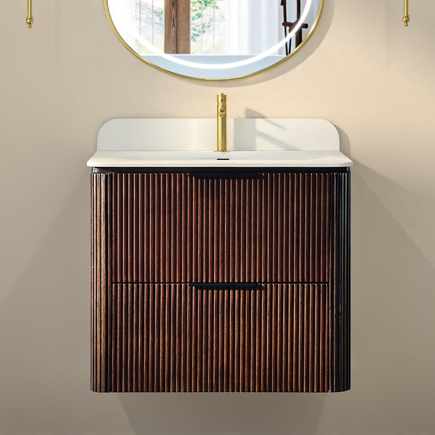 24 Inch Floating Bathroom Vanity with Sink, Wall Mounted Single Sink Bathroom Vanity, Modern Fluted Design, Soft Close Drawers, Quartz Countertop, Walnut Finish(Walnut, 24')