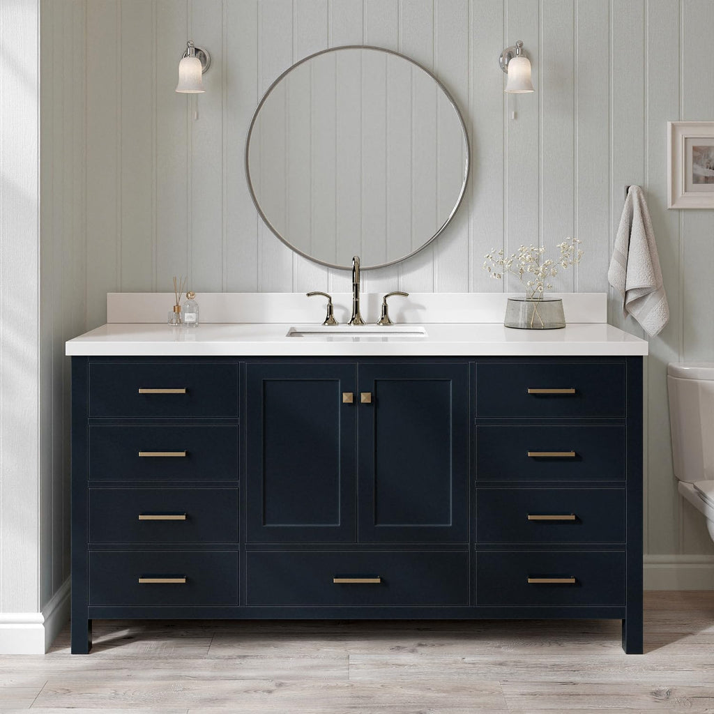 ARIEL Cambridge 66-inch Bathroom Vanity with Sink,Solid Wood, 1.5-inch Pure White Quartz Countertop, Single Rectangular Porcelain Sink, 2 Soft Closing Doors, 9 Dovetail Drawers, Midnight Blue