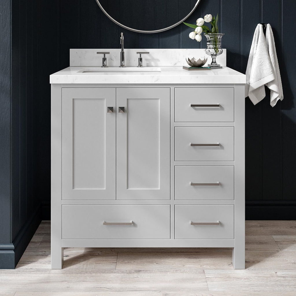 ARIEL Cambridge 36-inch Bathroom Vanity with Sink,Solid Wood, 1.5-inch Carrara White Quartz Countertop, Single Rectangular Porcelain Sink, 2 Soft Closing Doors, 5 Dovetail Drawers, Grey