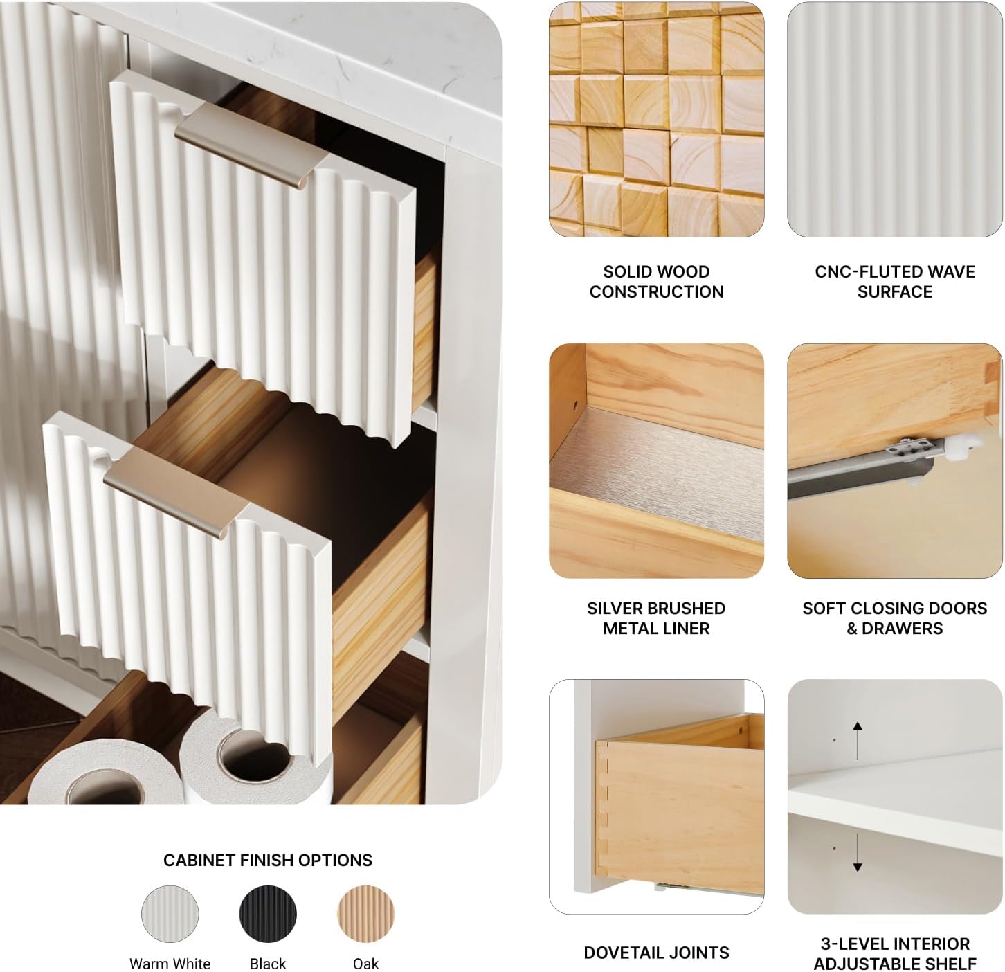 ARIEL Milan 48-inch Bathroom Vanity with Sink,Solid Wood, 1.5-inch Pure White Quartz Countertop & Backsplash, Single Rectangular Porcelain Sink, 2 Soft Closing Doors, 6 Dovetail Drawers, Warm White