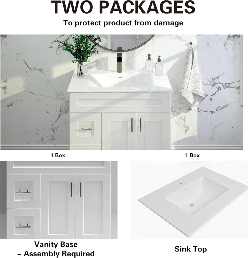White Shaker Bathroom Vanity with Sink 36' – Solid Surface One-Piece Top, Soft-Close Doors & Drawers, Polyurethane Nano Resin Sink, Pre-Drilled Faucet Hole, Modern Bath Vanity Cabinet Set
